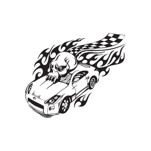 Racing graphic vinyl wall decal featuring black skull race car with flames and checkered flag