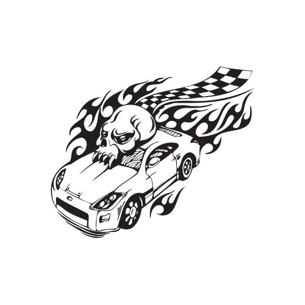 Racing graphic vinyl wall decal featuring black skull race car with flames and checkered flag