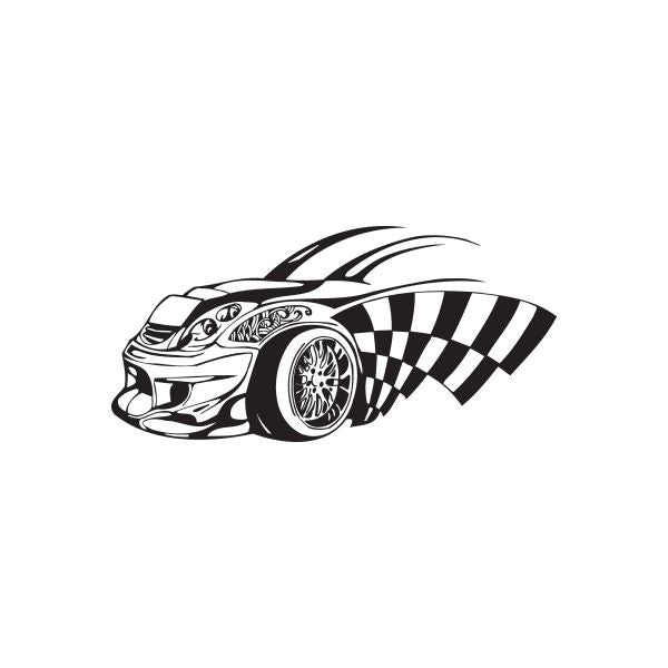 Racing car graphic vinyl wall decal with black and white stripes