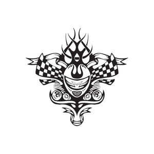 Racing skull wall decal with flames and checker wings, black and white vinyl graphic