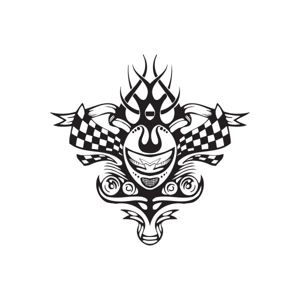 Racing skull wall decal with flames and checker wings, black and white vinyl graphic