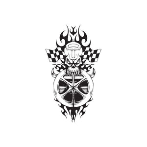 Racing skull flame vinyl wall decal with checkered flags and compass wheel