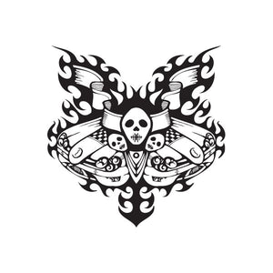 Racing skull wing wall decal, black-and-white flame design with heart shield