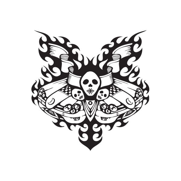 Racing skull wing wall decal, black-and-white flame design with heart shield