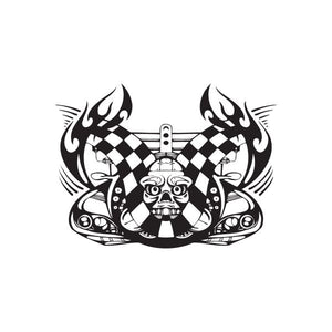 Racing graphic wall decal, black-and-white emblem with flames and checkered flags