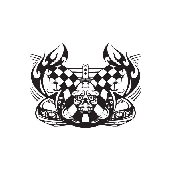 Racing graphic wall decal, black-and-white emblem with flames and checkered flags