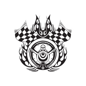 Racing graphic wall decal, black and white flaming steering wheel with checkered flags