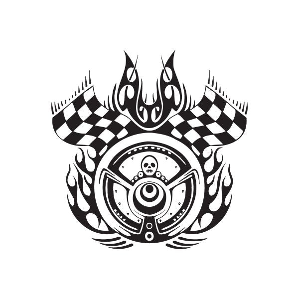 Racing graphic wall decal, black and white flaming steering wheel with checkered flags