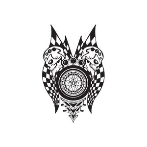 Racing graphic wall decal with black-and-white checkered wing design and central wheel