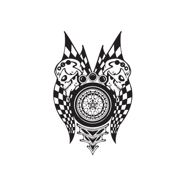 Racing graphic wall decal with black-and-white checkered wing design and central wheel