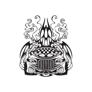 Racing car wall decal with black-and-white flame and swirls, flame crest above