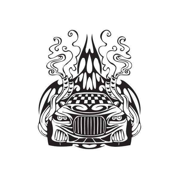 Racing car wall decal with black-and-white flame and swirls, flame crest above
