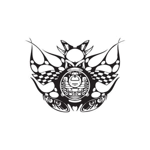 Racing wall decal vinyl with black-and-white skull, checkered wings and flames
