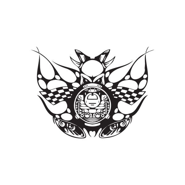 Racing wall decal vinyl with black-and-white skull, checkered wings and flames