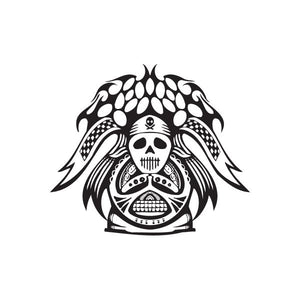 Racing graphic wall decal: black and white skull with crossbones and flames