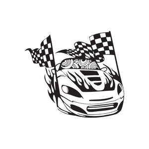 Racing graphic wall decal: black-and-white checkered flag car design