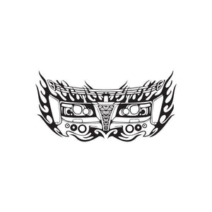 Racing graphic wall decal with black and white car grille and flame pattern