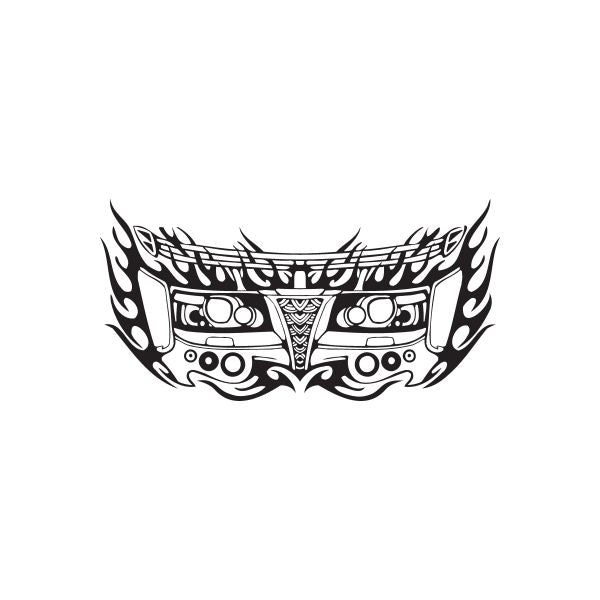 Racing graphic wall decal with black and white car grille and flame pattern