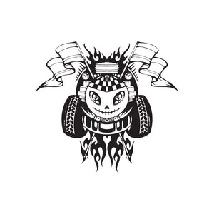 Racing skull helmet wall decal with checkered pattern, flames, and flame-trimmed horns