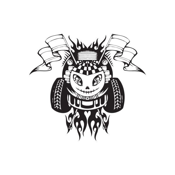 Racing skull helmet wall decal with checkered pattern, flames, and flame-trimmed horns