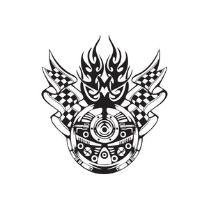 Racing vinyl wall decal: black-and-white flame crest with checkered flags and gear wheel