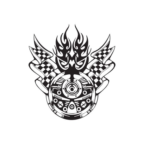 Racing vinyl wall decal: black-and-white flame crest with checkered flags and gear wheel
