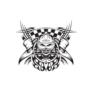 Racing wall decal with black-and-white checkered helmet skull graphic