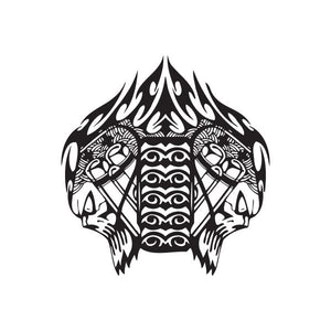 Black and white racing flame tribal vinyl wall decal with skull-like emblem