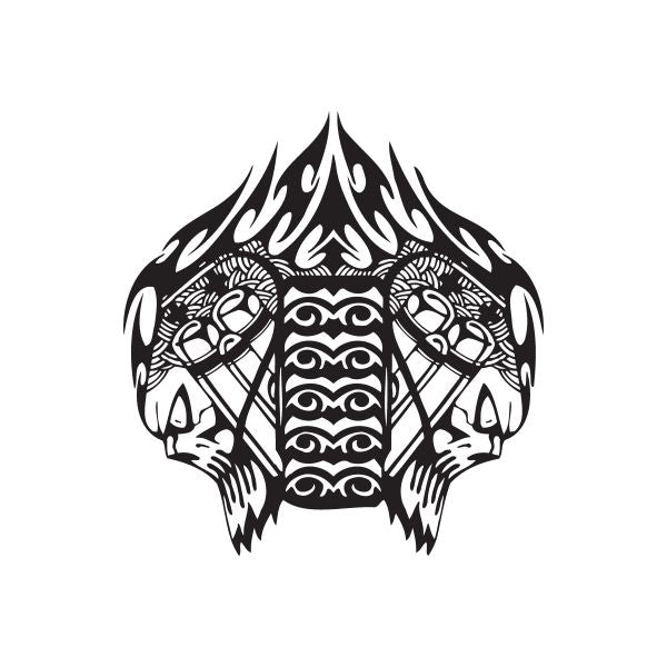 Black and white racing flame tribal vinyl wall decal with skull-like emblem