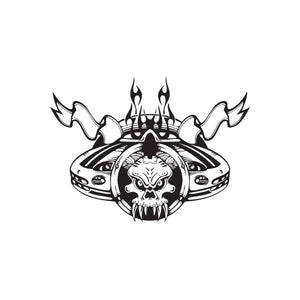 Racing skull wall decal with flames and car headlight outlines, vinyl sticker