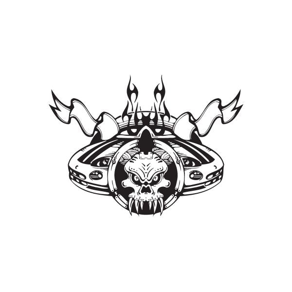 Racing skull wall decal with flames and car headlight outlines, vinyl sticker