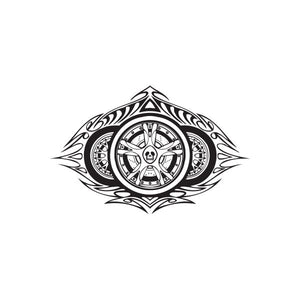 Racing wheel graphic vinyl wall decal, black and white tribal design