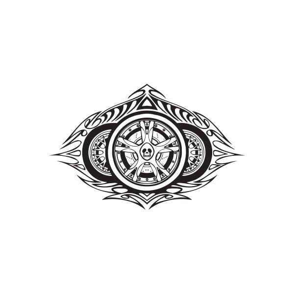Racing wheel graphic vinyl wall decal, black and white tribal design
