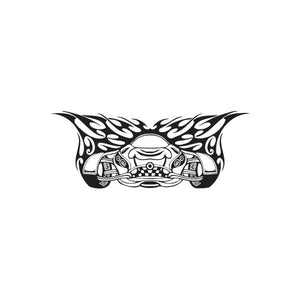Racing car graphic wall decal with black flame border and white car illustration
