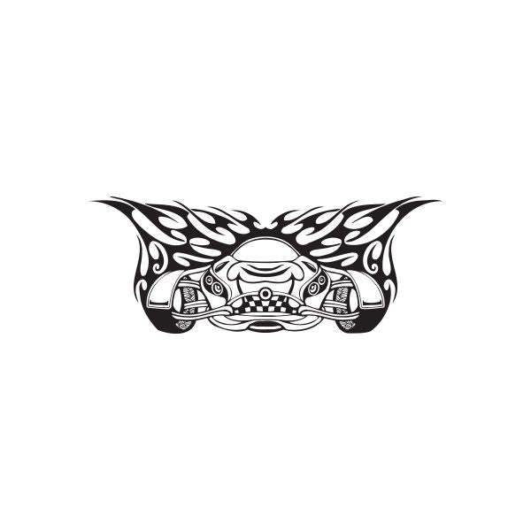 Racing car graphic wall decal with black flame border and white car illustration