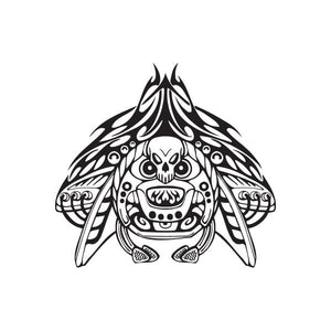 Racing animal face wall decal, black-and-white vinyl with flame horns and tribal details