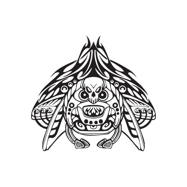 Racing animal face wall decal, black-and-white vinyl with flame horns and tribal details
