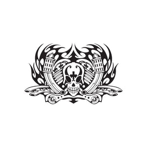 Racing skull and flames wall decal, black and white vinyl graphic