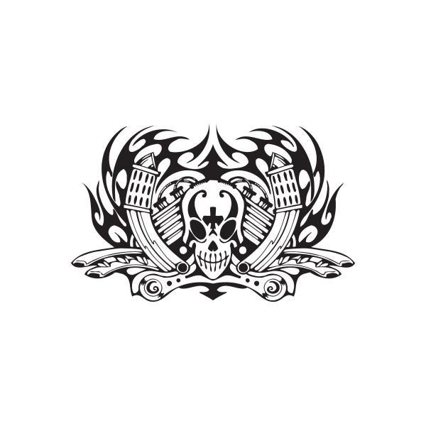 Racing skull and flames wall decal, black and white vinyl graphic