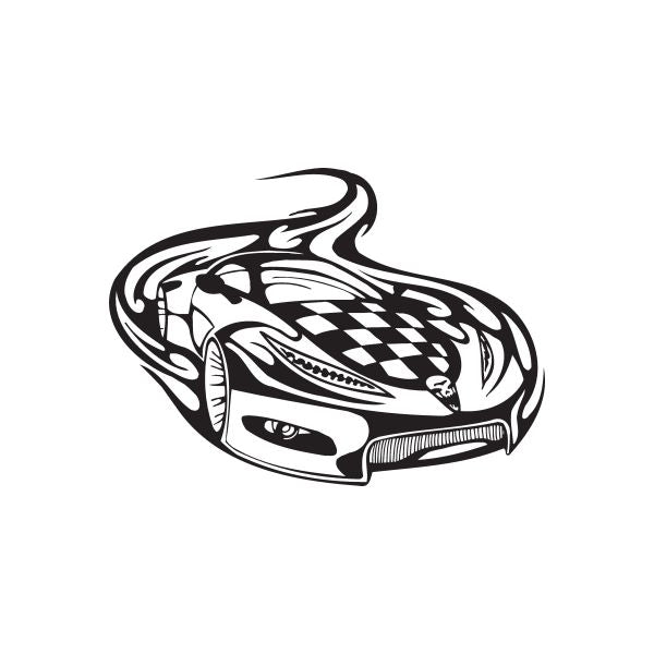 Racing graphic car wall decal, black and white checkered hood