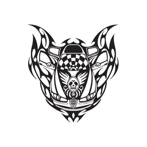 Racing graphic wall decal with tribal car wings and checkered skull emblem