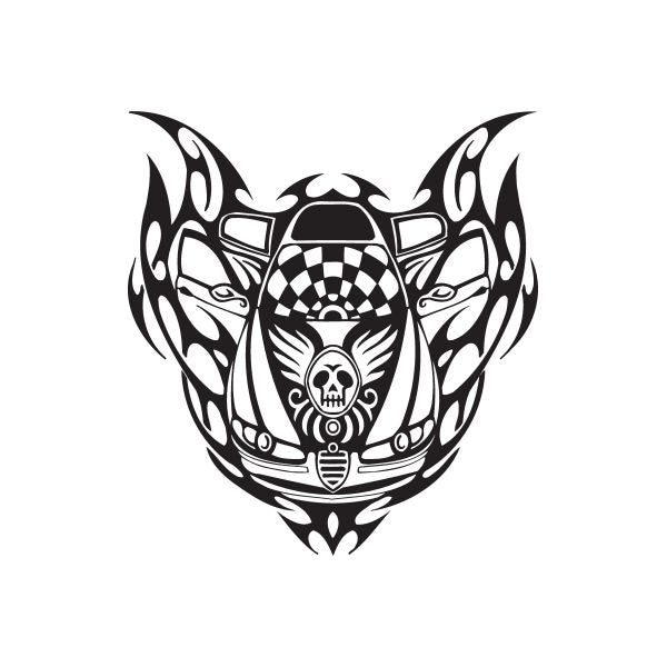 Racing graphic wall decal with tribal car wings and checkered skull emblem