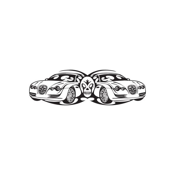 Racing car wall decal with two sports cars and skull graphic, black and white