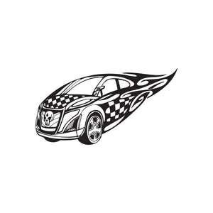 Racing car vinyl wall decal, black and white cartoon race car graphic