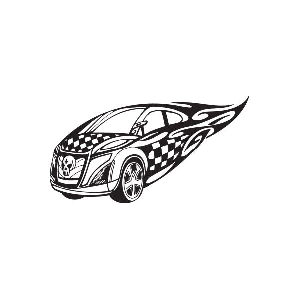 Racing car vinyl wall decal, black and white cartoon race car graphic