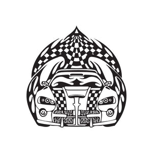 Racing car graphic vinyl wall decal, black-and-white checkered car design