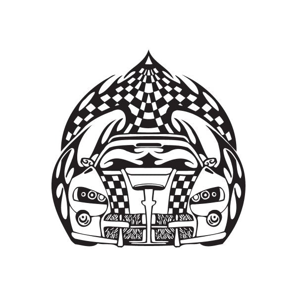 Racing car graphic vinyl wall decal, black-and-white checkered car design