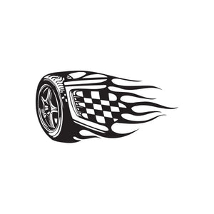 Racing car wall decal with checkered window and black flame design