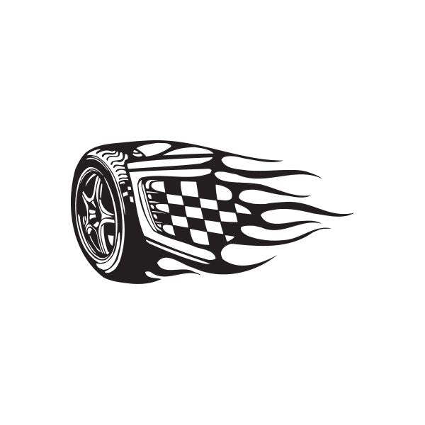 Racing car wall decal with checkered window and black flame design