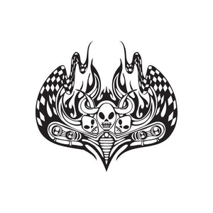 Racing skull flame vinyl wall decal with checkered flag accents, black and white